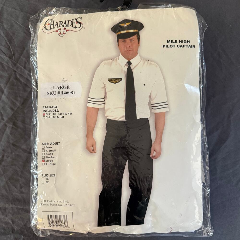 Charades Mile High Pilot Captain Costume Adult Large Halloween Cosplay New